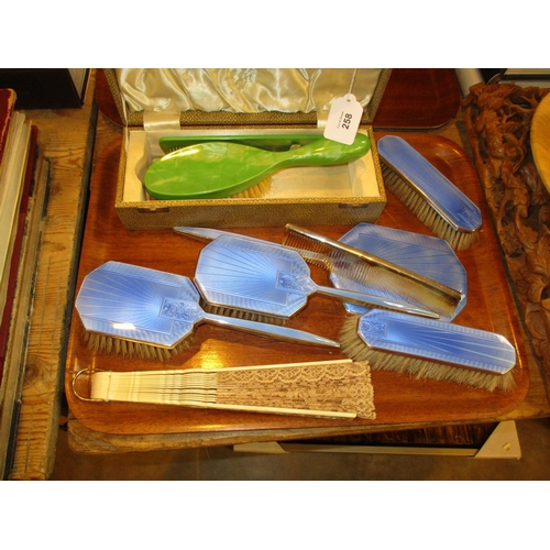 258 - Silver and Enamel 5 Piece Dressing Table Set, Silver Back Comb, Cased Brush and Comb and a Fan