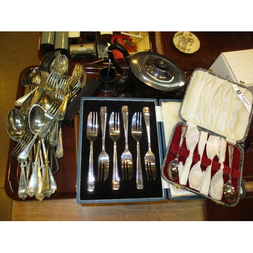 35 - Silver Plated Teapot and Condiments, Cased and Loose Cutlery