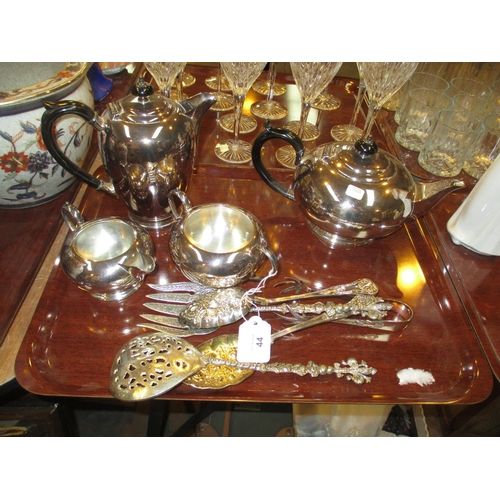 44 - Silver Plated 4 Piece Tea Set, Serving Cutlery and Tongs