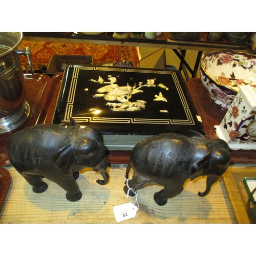 82 - Oriental Lacquer and Mother of Pearl Photograph Album and a Pair of Carved Wood Elephants