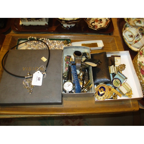85 - Masonic Collectables, Dunhill Lighter, Watches, Silver Pendant, Pearl Necklace etc