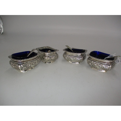 323 - Set of 4 Silver Salts with Blue Glass Liners and 4 Associated Spoons, Chester 1900