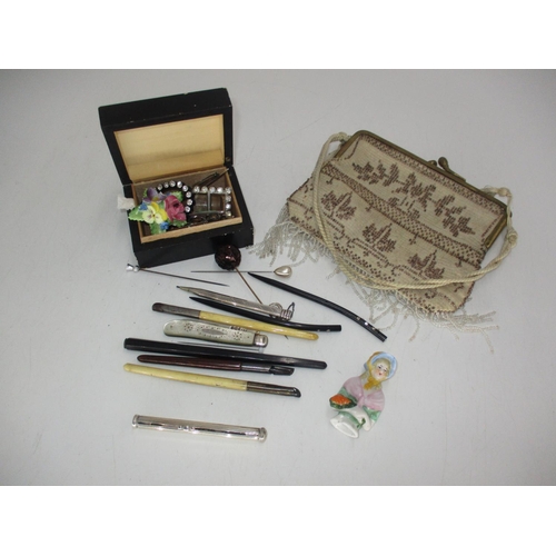 334 - Silver and Mother of Pearl Fruit Knife, Bead Work Purse, Half Doll, Propelling Pencil etc