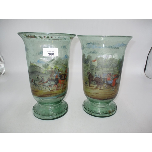 360 - Pair of Soda Glass Vases Painted with Coaching Scenes, 25cm