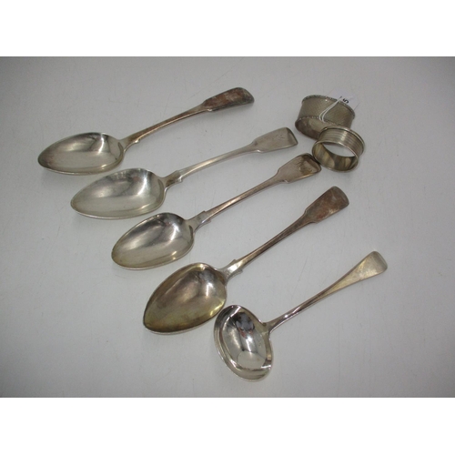 385 - Four Georgian Silver Tablespoons, Silver Ladle and 2 Silver Napkin Rings, 382g total