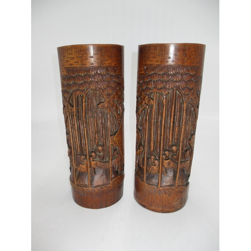 393 - Pair of Chinese Carved Bamboo Vases, 29cm