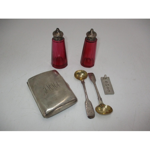 403 - Group of Silver Items including a Cigarette Case, Pair of Mustard Spoons, Ingot Pendant, 136g total,... 