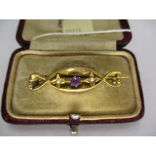 438 - 9ct Gold Amethyst and Seed Pearl Brooch, 2g