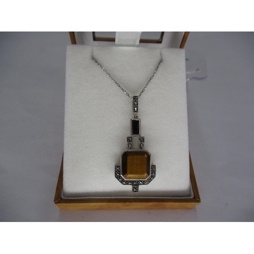 469 - Silver, Marcasite, Tiger Eye and Onyx Art Deco Style Pendant and Chain