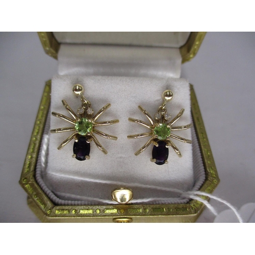 470 - 9ct Gold Peridot, Amethyst and Diamond Spider Earrings (Suffragette Colours)