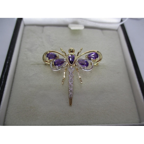 471 - 9ct Gold Amethyst and Diamond Dragonfly Brooch