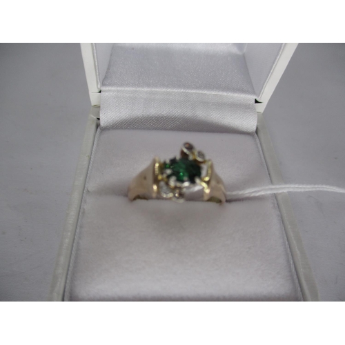 472 - 9ct Gold Green Gemstone and Diamond Modernist Ring