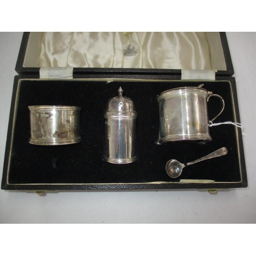 508 - Cased Silver 3 Piece Condiment Set with 1 Spoon, Birmingham 1951