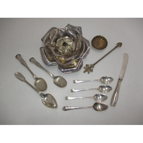 517 - Edinburgh Silver Rose Maker BH, Seven Silver Spoons, 302g total, along with a Butter Knife and a Gil... 