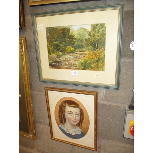 576 - Watercolour of a Highland Stream, 22x30cm, and a Watercolour Portrait of a Girl, 27x21cm