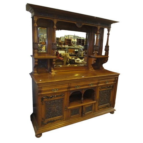 601 - Victorian Carved Oak Mirror Back Sideboard, 183cm