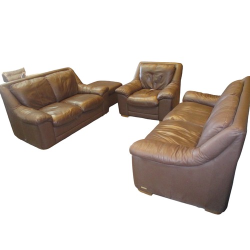 652 - Pair of Brown Leather Settees, Matching Easy Chair and Stool