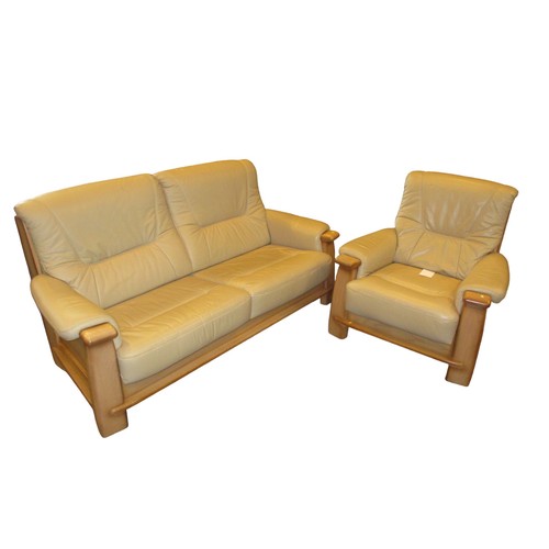 648 - Oak and Fawn Leather Settee and Easy Chair