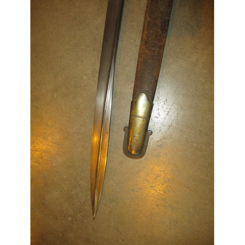 345 - Bayonet with Brass Mounted Handle and Leather Scabbard