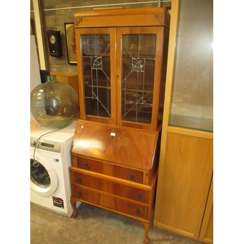 612 - 1930's Walnut Bureau Bookcase having Rennie Mackintosh Style Leaded Glass Doors, 73cm