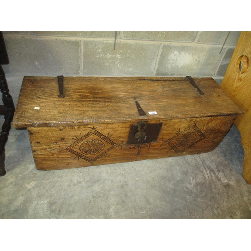 660 - Antique Carved Oak Plank Trunk, 106x35cm