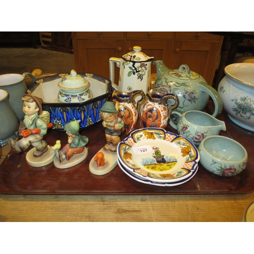 127 - Pair of Faience Old Chelsea Miniature Ewers, 3 Hummel Figures, 2 Quimper Dishes etc