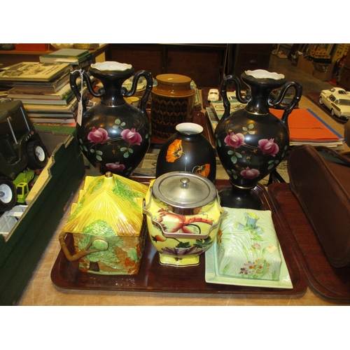 24 - Pair of Victorian Pottery Vases, Crown Ducal Vase, Two Biscuit Boxes and a Butter Dish