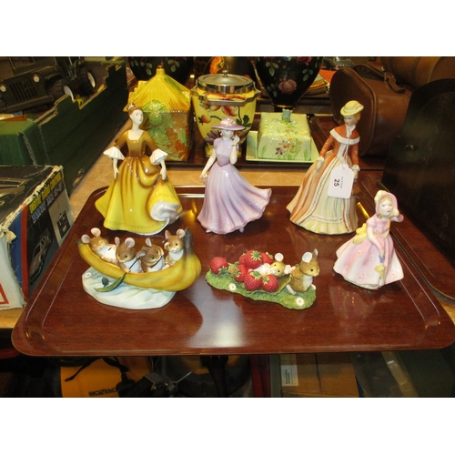 25 - Two Royal Doulton and a Royal Worcester Figure, Two Border Fine Arts Merry Mice and Another Figure