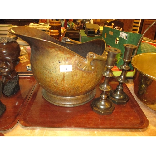 3 - Brass Coal Helmet and a Pair of Candlesticks