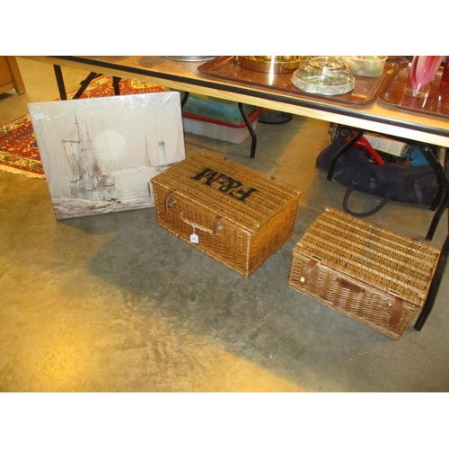 30 - Two Wicker Picnic Hampers and a Ship Picture