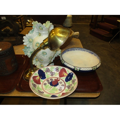 39 - Vintage Brass Students Lamp, Two Pottery Dishes and a Vase