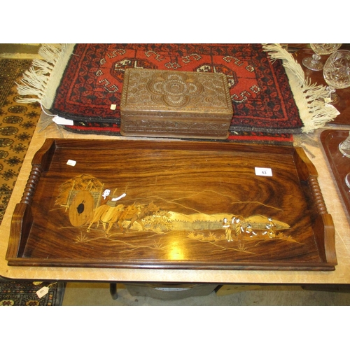 63 - Eastern Carved Teak Cigarette Box and an Inlaid Tray