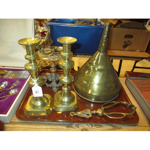 72 - Large Brass Funnel, Coal Tongs, Pair of Candlesticks, Trivet and 2 Horses