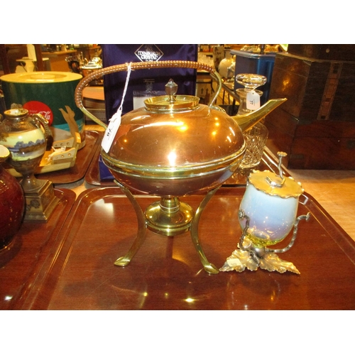 78 - Arts & Crafts Copper and Brass Spirit Kettle and a Silver Plate and Vaseline Glass Preserve Pot