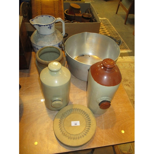 80 - Two Hot Water Bottles, Stoneware Pot, Shortbread Mould, Ewer and Jam Pan