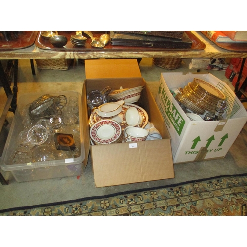 91 - Three Boxes of Ceramics, Glass, Swinnertons Dinner Service etc