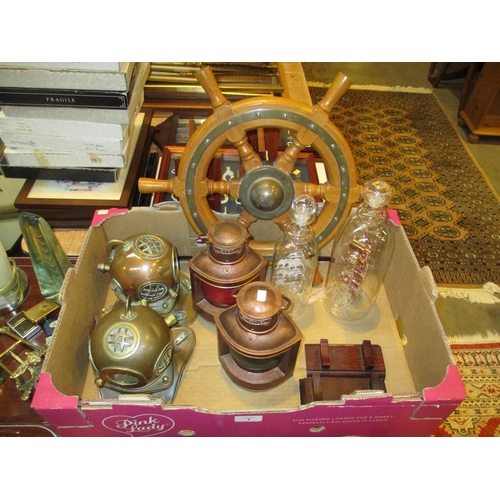 1 - Two Glass Ships in Bottles, Ships Wheel, Pair Lantern Bookends and 2 Miniature Divers Helmets