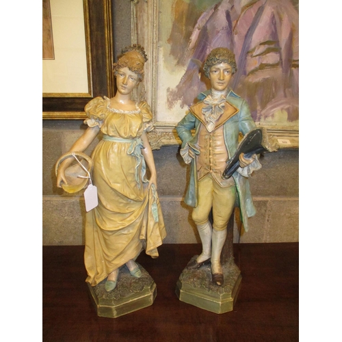 102 - Pair of Victorian Continental Pottery Figures of a Maiden and Her Beau, 53cm