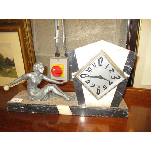 105 - Art Deco Marble and Spelter Figure Mantel Clock, 39cm long, 23cm high