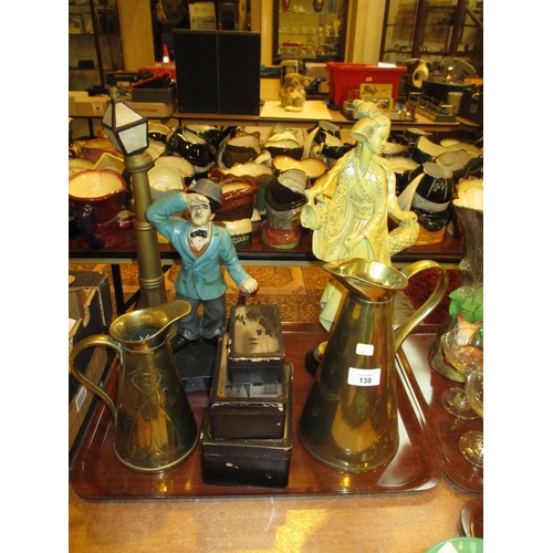 138 - Charlie Chaplin Figure, Chinese Figure, 3 Lacquered Boxes and 2 Copper Jugs