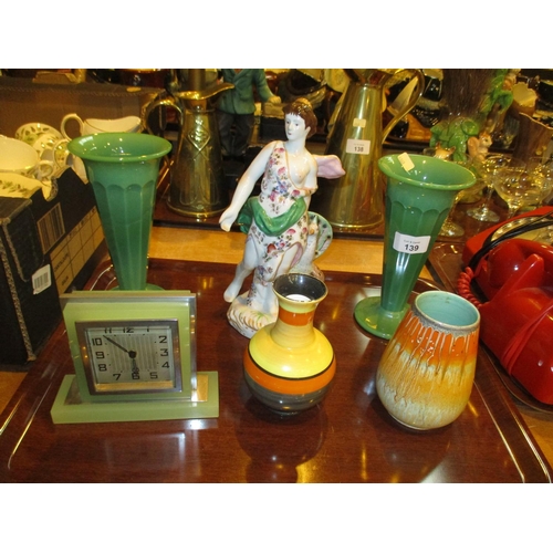 139 - Small Art Deco Clock, Porcelain Figure, Pair of Glass Vases, Shelley and Woodbridge Vases