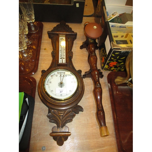 27 - Carved Oak Aneroid Barometer and an Ornamental Pipe