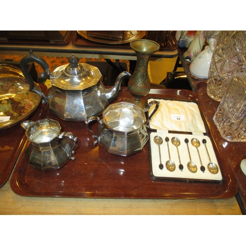 38 - Cased Set of 6 Silver Coffee Spoons, Silver Plated 3 Piece Tea Service and a Benares Brass Vase