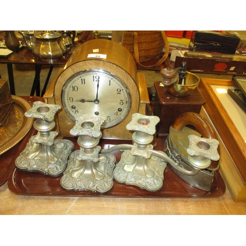 49 - Mantel Clock, Coffee Grinder, Iron and 3 Candlesticks