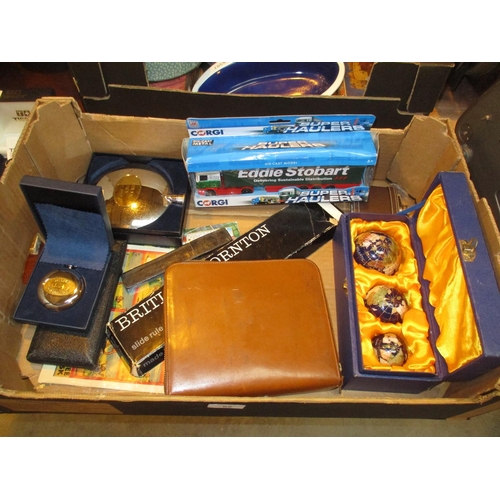 62 - Cased Set of 3 World Globes, Gents Toilet Case, Hip Flask, Corgi Eddie Stobart Lorry etc