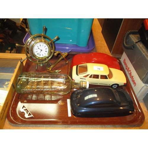 75 - Ship in Bottle, Ships Wheel Clock and 3 Model Cars