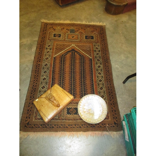 87 - Persian Wool Prayer Rug, Crocodile Handbag and a Butterfly Wing Dish