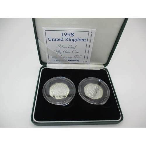 342 - Royal Mint Presentation Case with Two Silver (925) Proof 50 Pence Coins 25 Anniversaries of NHS and ... 