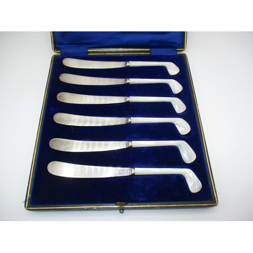 351 - Cased Set of 6 Mother of Pearl Golf Club Handle Tea Knives Reg No. 570353