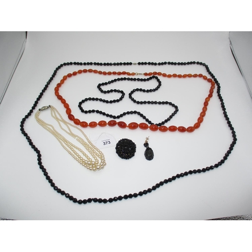 373 - Orange Stone Necklace, Bead Necklace, 2 Jet Type Necklaces, Brooch and 1 Ear Drop